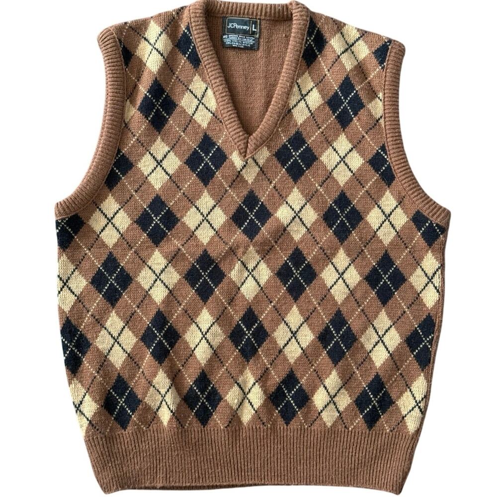 Vintage 70s JC Penny’s Brown Black Tan Argyle VNeck Sweater Vest Preppy Academia